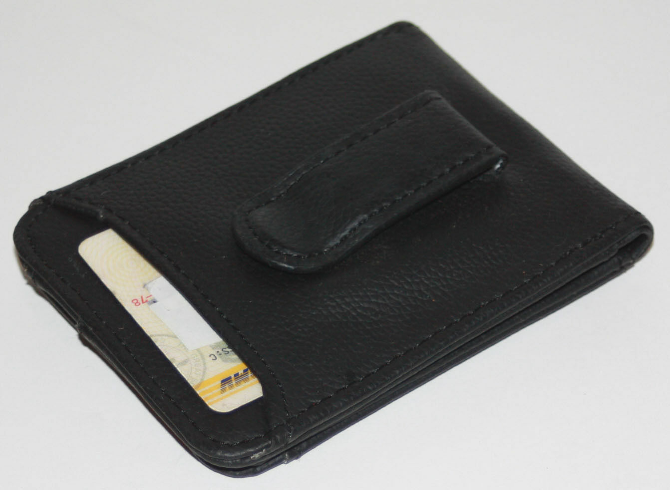BLACK LEATHER MENS Bifold METAL MONEY CLIP Bifold Wallet ID Badge Holder - Wallets