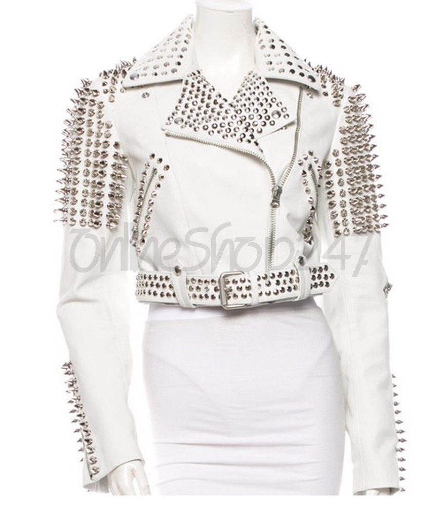 New Woman Punk White Full Silver Spiked Studded Brando Biker Leather Jacket