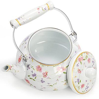 2.5L Enameled Teakettle with Handle, Steel Teapot Colorful Tea Kettle for  Stovetop, Hot Water, No Whistling White