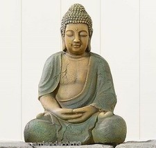 Sitting Buddha Statue Gray w/Verdigris Finish 16" High Garden Home Zen Buddhism  - $98.99