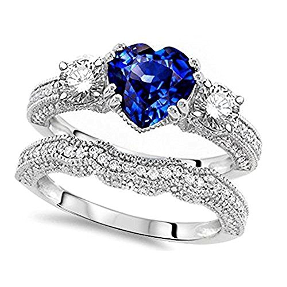 Heart Shape Blue Sapphire & CZ Dia Wedding Bridal Ring Set 925 Sterling Silver