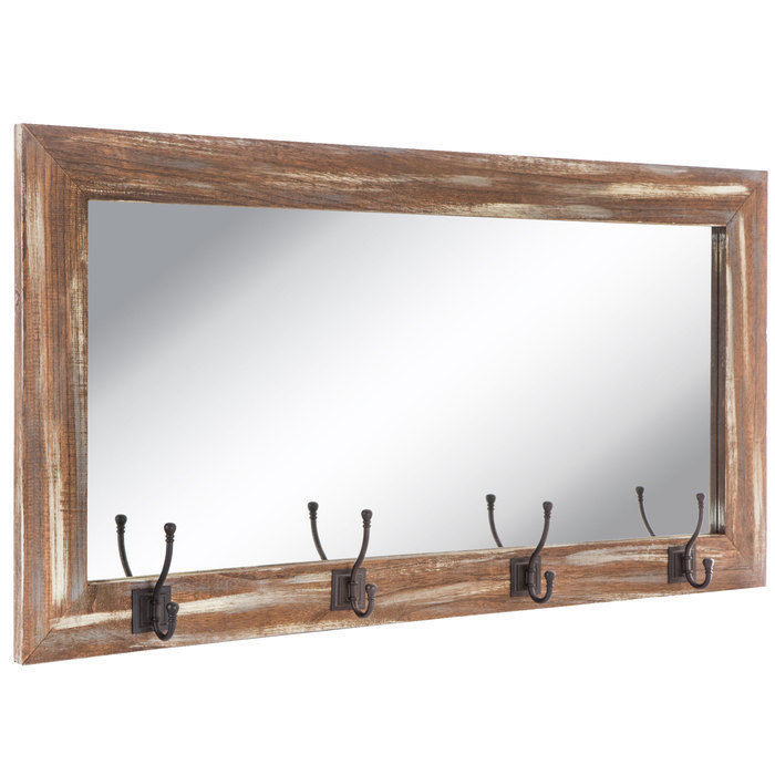 Distressed Wood Wall Mirror With Hooks Rustic Barnwood Entryway Coat