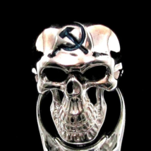 Sterling silver Skull ring Hammer and Sickle Communist symbol in Blue en... - $125.00