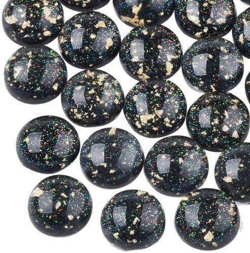 10 Resin Cabochons 12mm Circle Flat Backs Earring Making Domed Black Gold Foil