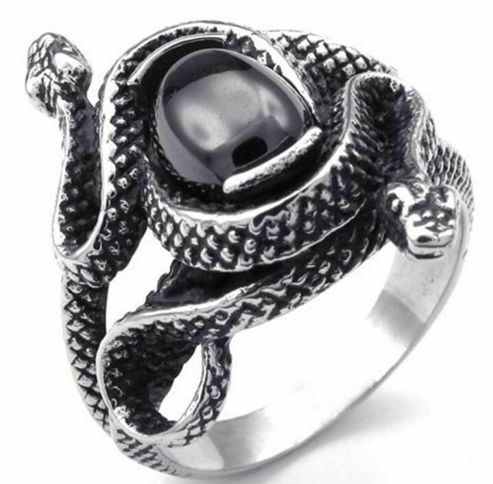 New Silver Black Animal Snake Finger Ring Punk Style Black Stone Neutral Jewelry