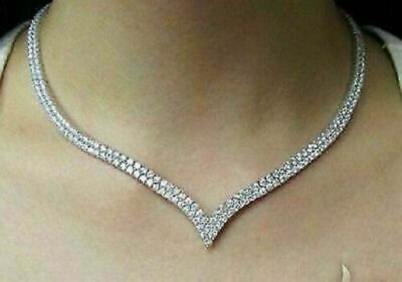 15Ct Round Cut Diamond V Shaped Women's 16" Necklace 14K White Gold