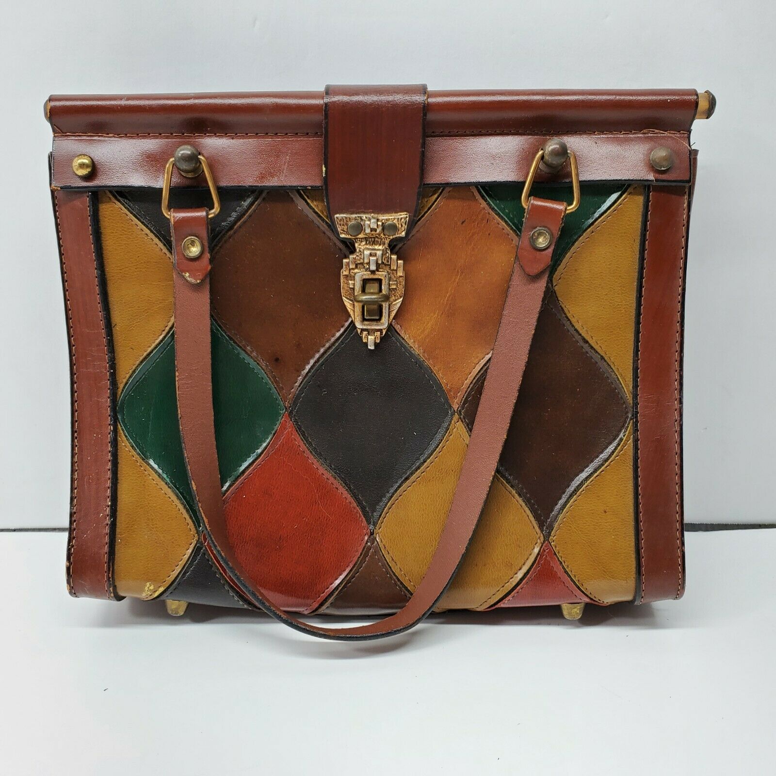 Vintage Burlington Purse Satchel Diamond Patchwork Leather Brown Funky ...