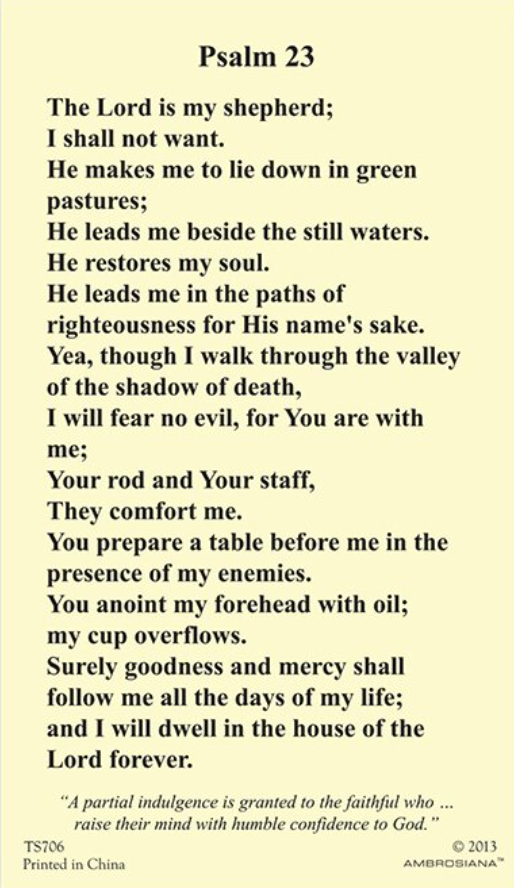 (2 Copies) Psalm 23 The Lord Is My Shepherd Prayer Card Catholic ...