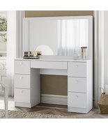 Modern Vanity Dressing Table w/ Mirror, Glass Top, 7 Drawers, White - $388.03