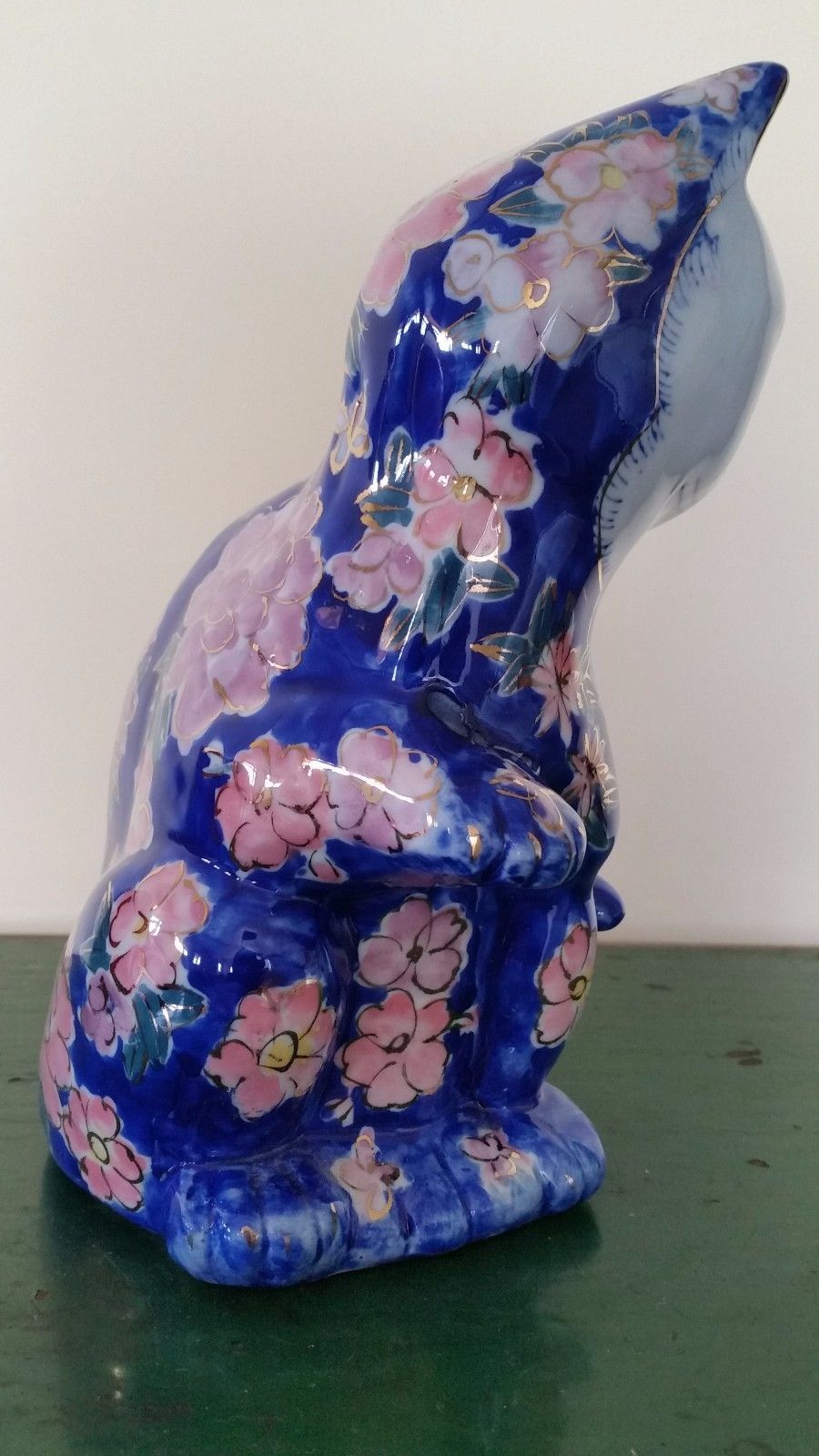 Vintage Hand Painted Chinese Porcelain Cat Figurine with Blue and Pink