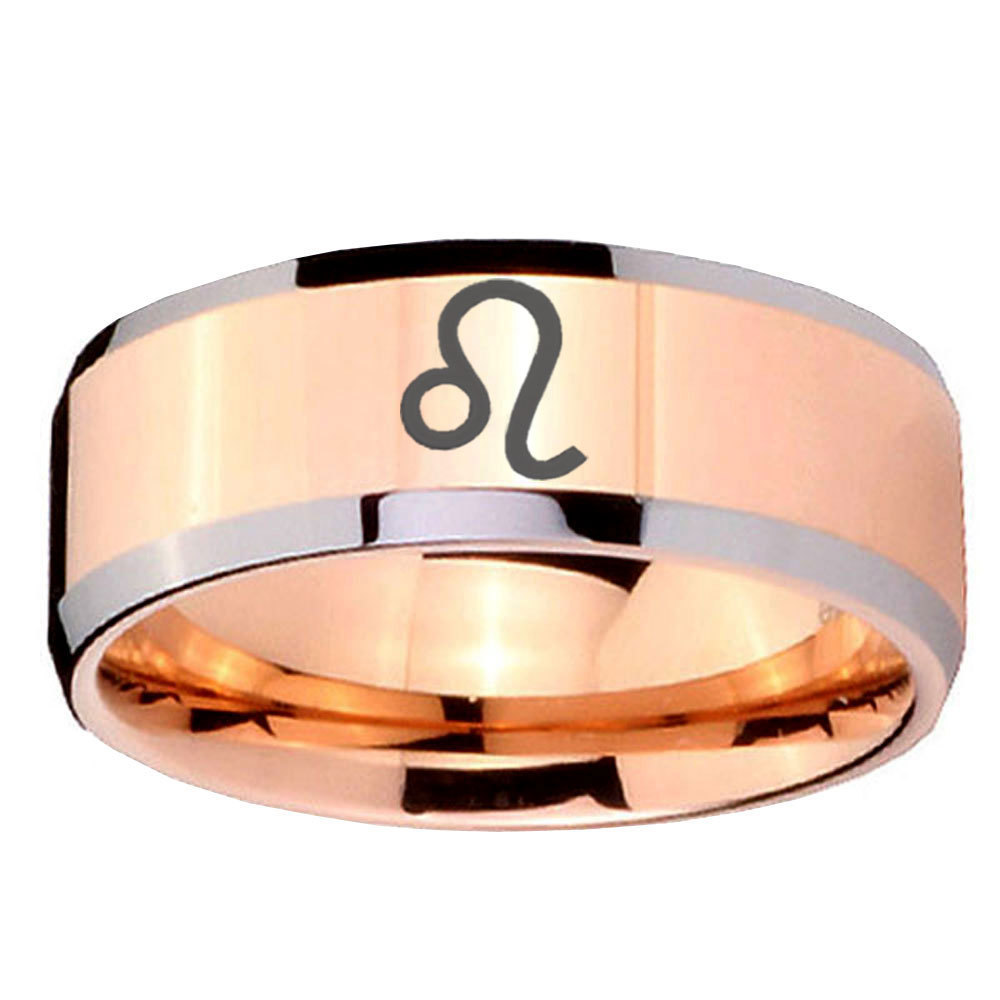 Leo Zodiac 8mm Rose Gold Beveled Tungsten Carbide Engraved Ring Rings