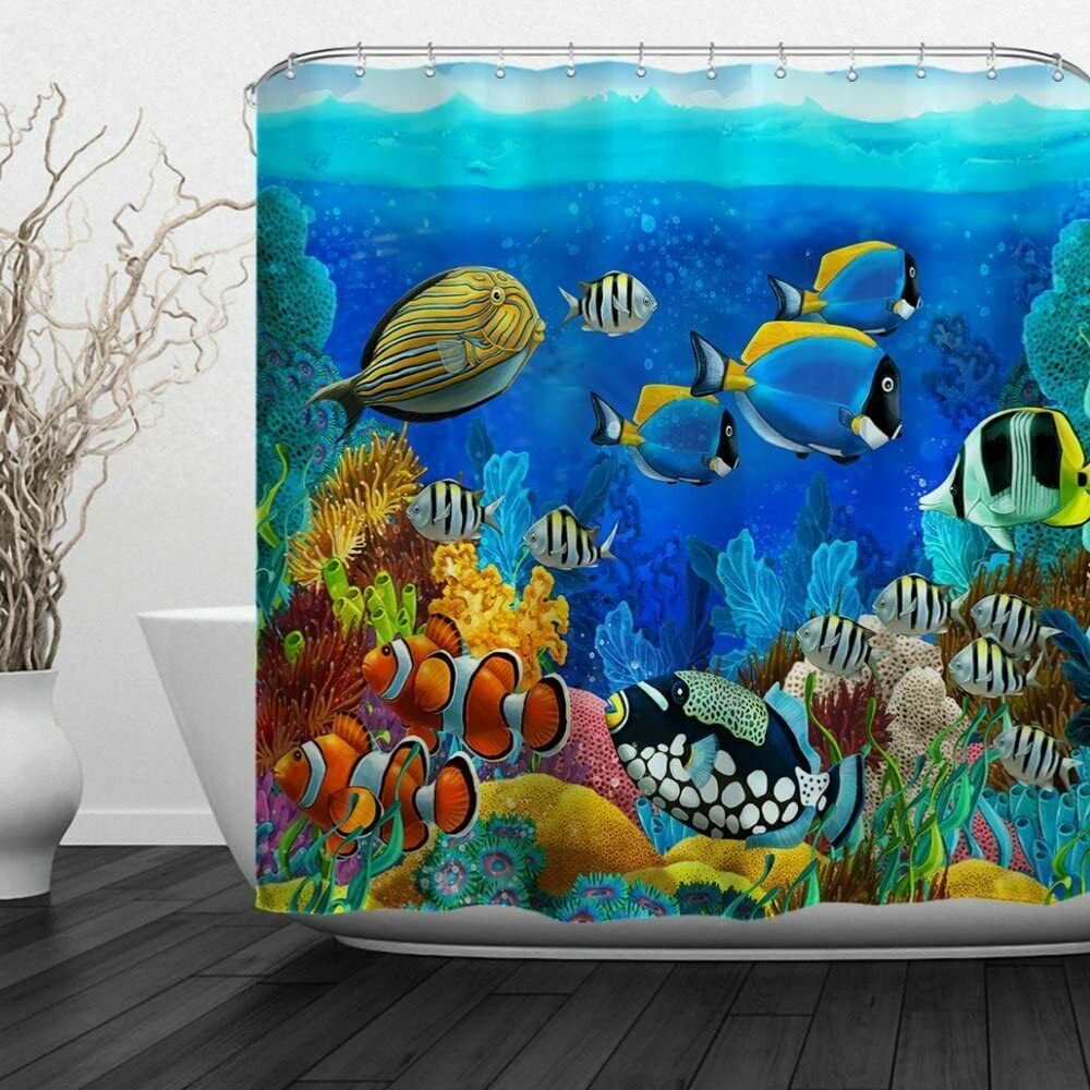 Nice Tropical Fish Underwater Fabric Shower Curtain + Hooks Sea Ocean