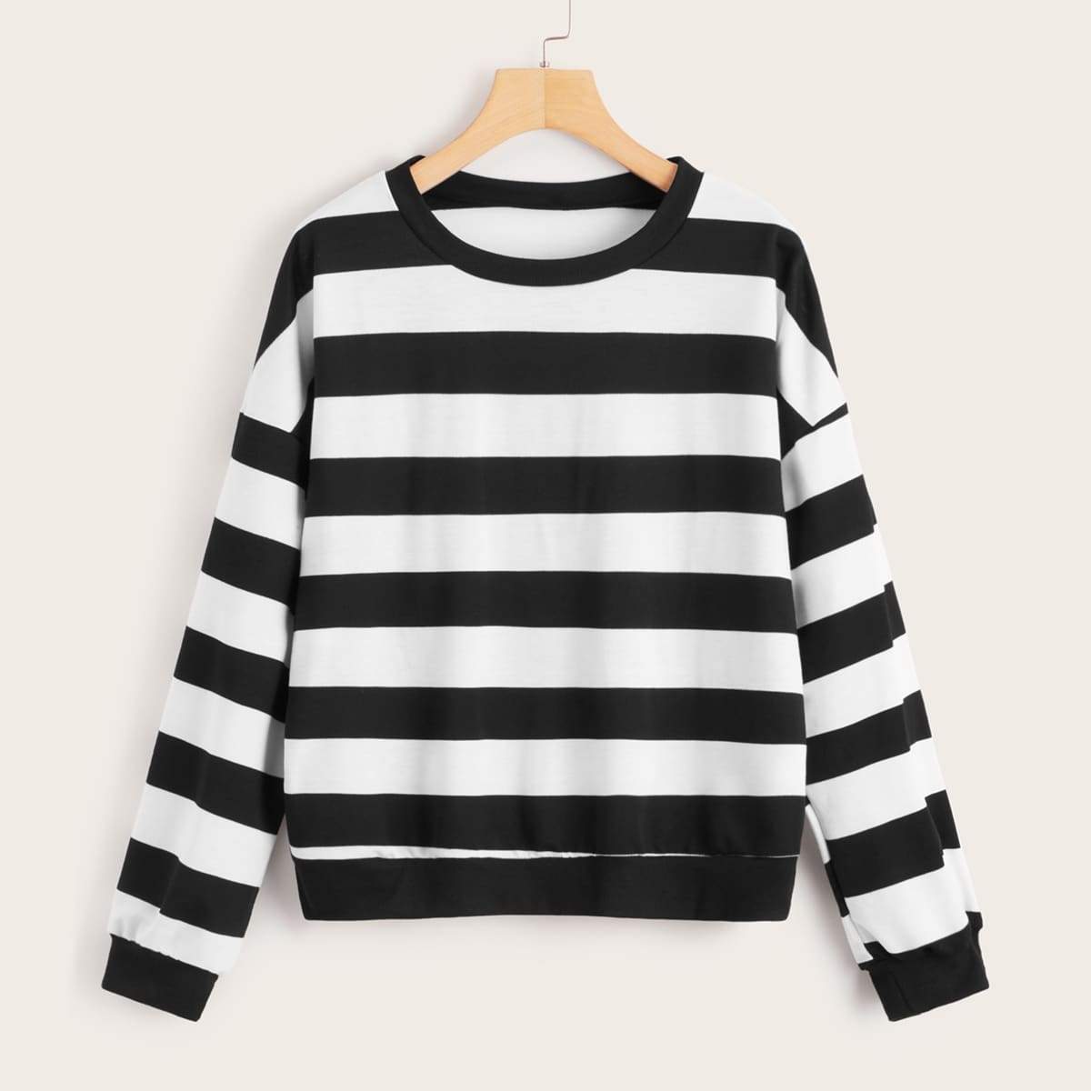 Black And White Striped Drop Shoulder Sweatshirt - Sweatshirts, Hoodies