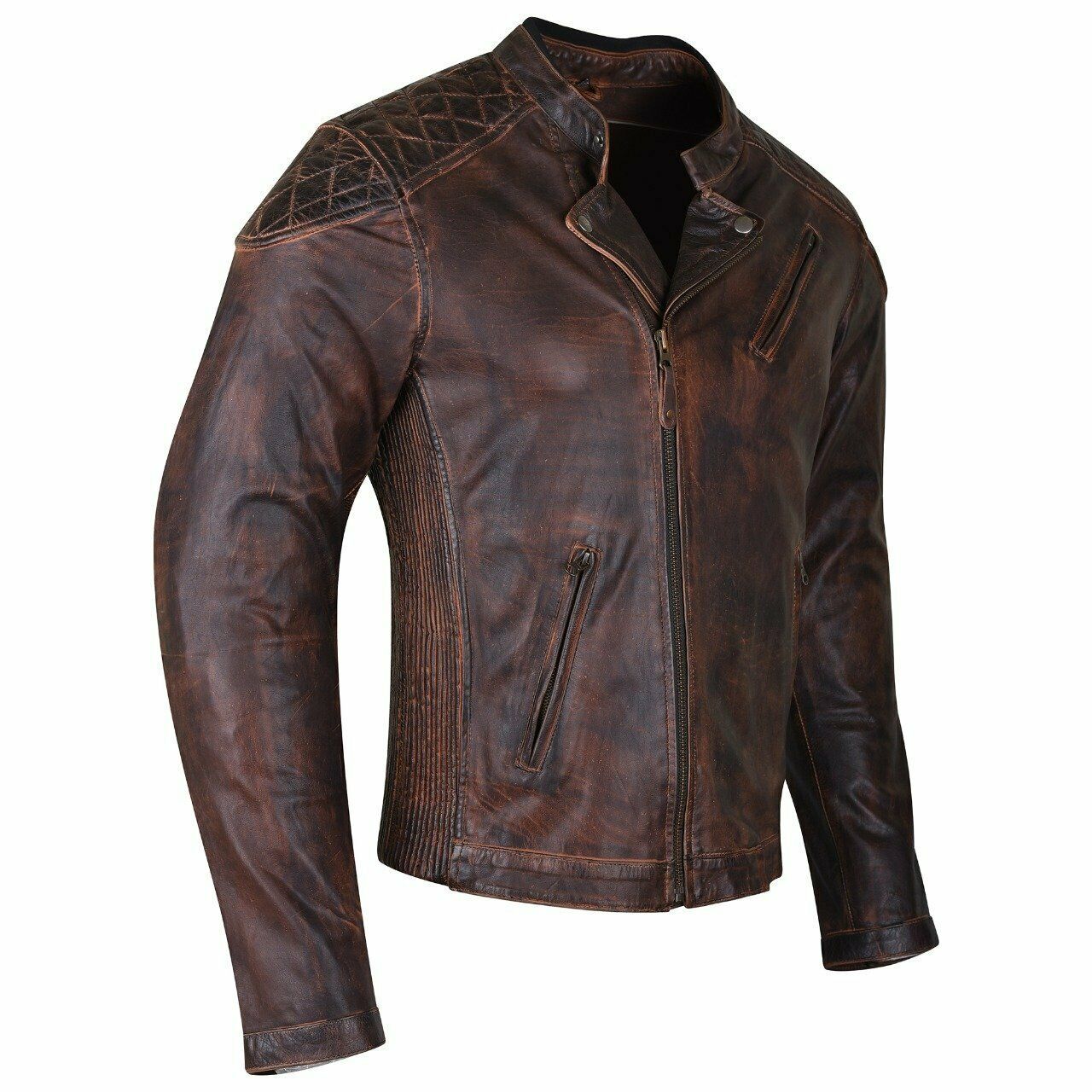 Men's Vintage Brown Leather Jacket with Diamond Stitched Shoulders