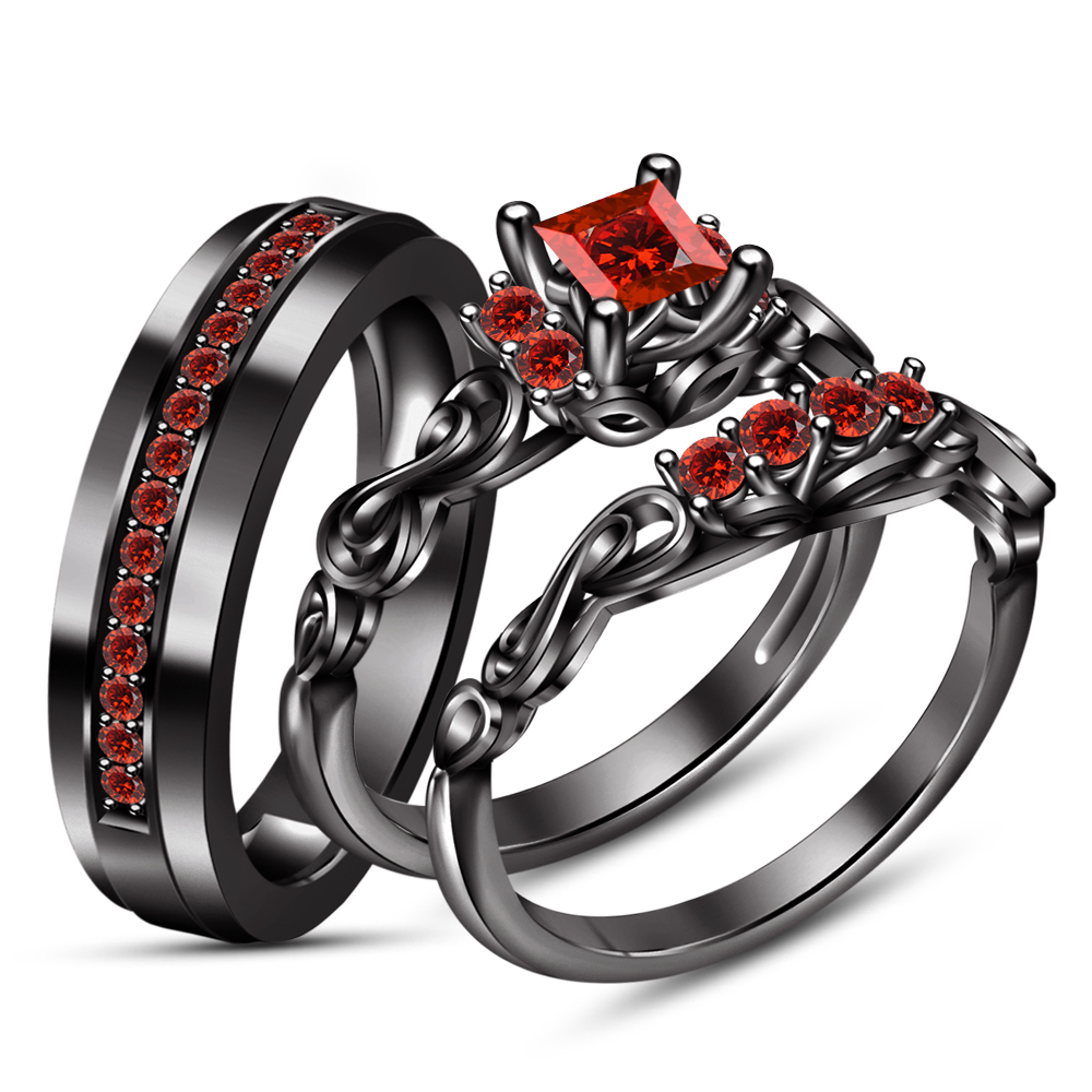 His & Hers Wedding Band Engagement Ring Trio Set Red Garnet Black GP ...