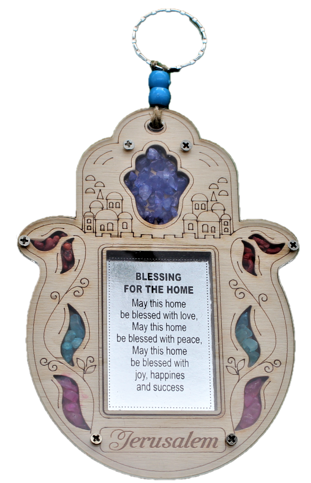 LUCKY Wood Stones HAMSA Jerusalem HOME BLESSING hang Israel Jewish Judaica Gift