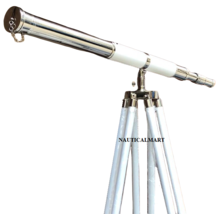 Nautical Floor Standing Chrome White Leather Admiral Telescope 60"