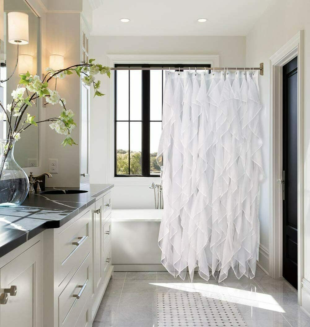 Reisen White Ruffle Shower Curtain Fabric/Cloth Farmhouse Bathroom