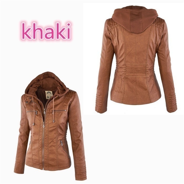 Apricot New Fashion Women Slim Removable Hooded Leather Jackets