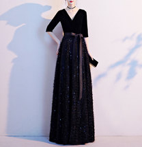 Women Half Sleeve Velvet Maxi Dress High Waist Formal Dress, Black, Plus Size image 10