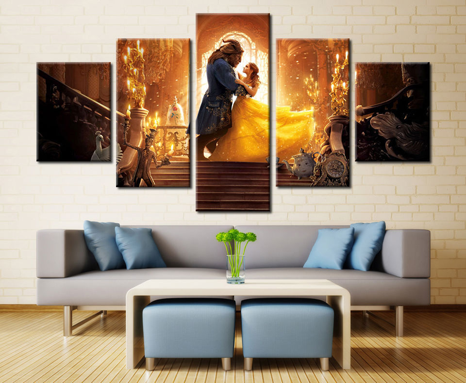 Framed 5 Piece Beauty and the Beast Poster Canvas Wall Art ...