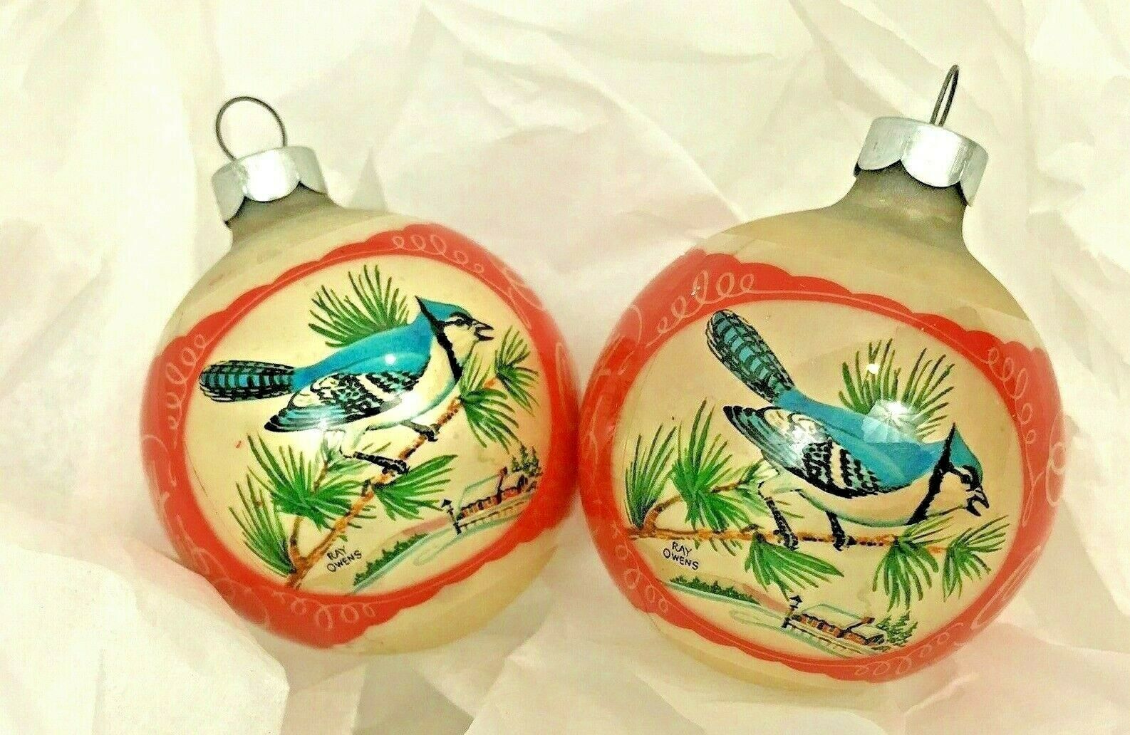 Primary image for Vintage Glass Ball Christmas Ornaments 2.5" Blue Bird Lot 2 Essex Franke USA