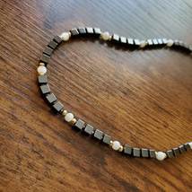 Vintage Glass Stone Bead Necklace, Black White Choker 16", Onyx Quartz image 4