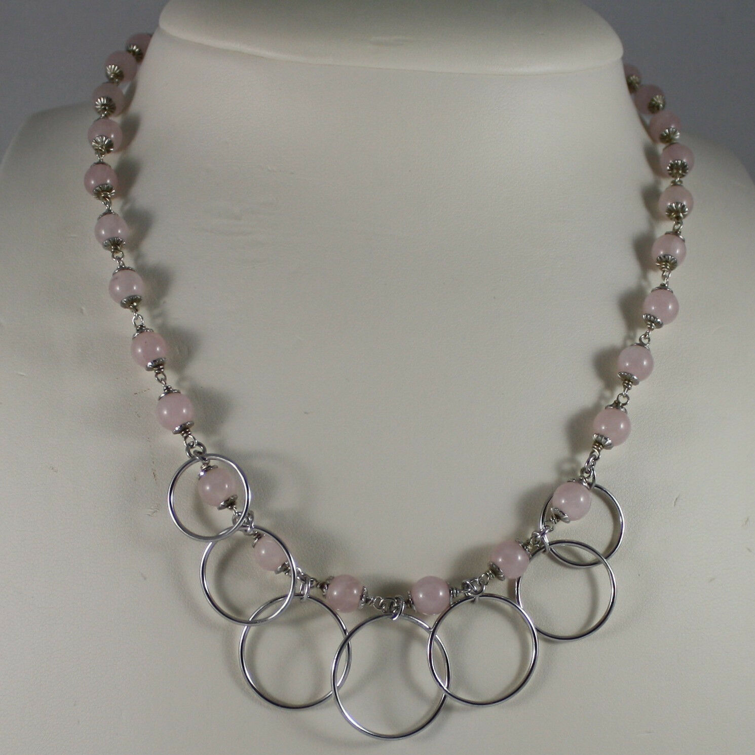 Primary image for .925 SILVER RHODIUM NECKLACE WITH PINK QUARTZ AND SILVER CIRCLES PENDANT
