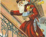 Santa Claus in Red With Basket of Toys on Stairs Antique Christmas Postcard - $30.00