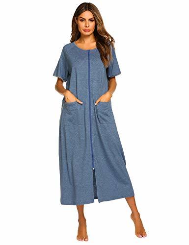 Ekouaer Women's Long Robe Zipper Short Sleeve O-Neck Loungewear with ...