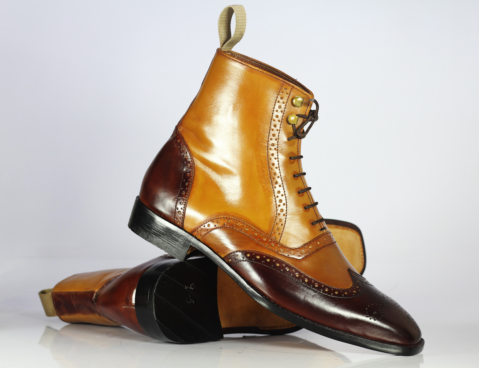 Men's Handmade 2 Tone Brown Leather Wing Tip Brogue Boots, Men Designer Boots