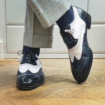 Handmade Men Black & White Wing Tip Heart Medallion Lace Up Oxford Leather Shoes image 3