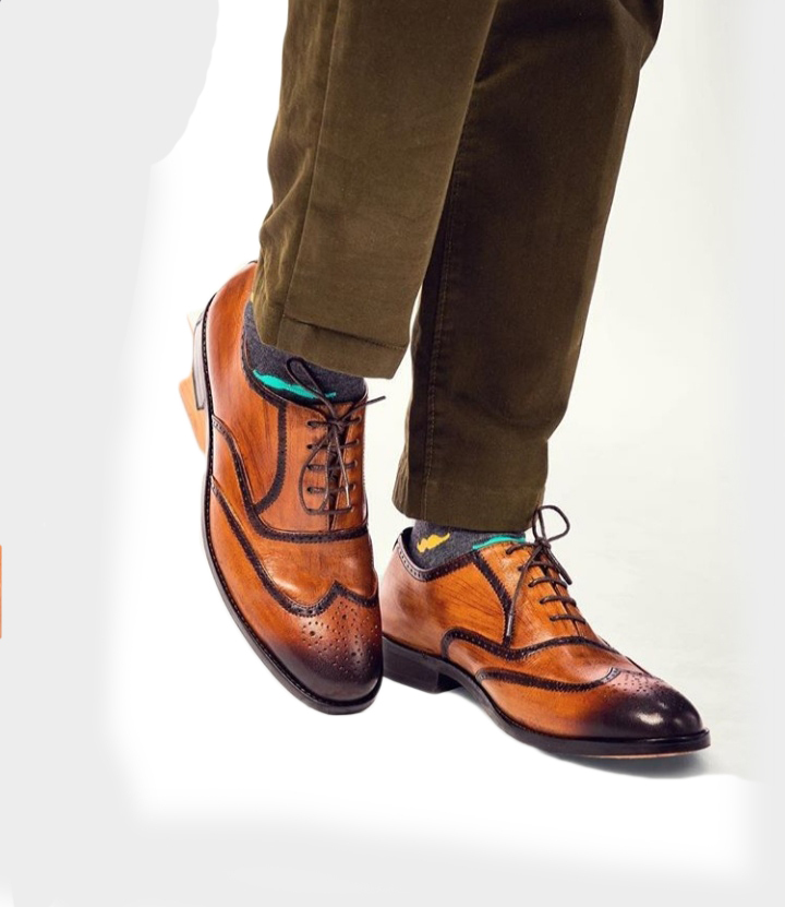 Burnished Tan Color Oxford Men Premium Leather Handmade Wing Tip Vintage Shoes