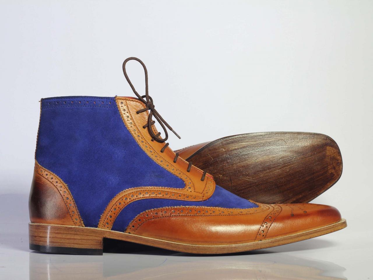 Handmade Men's Ankle high Blue Brown Leather & Suede Boots, Men Designer Boots