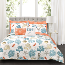 Lush Decor Coastal Reef Feather Polyester Reversible Quilt, King, Blue/Coral, 7- image 3