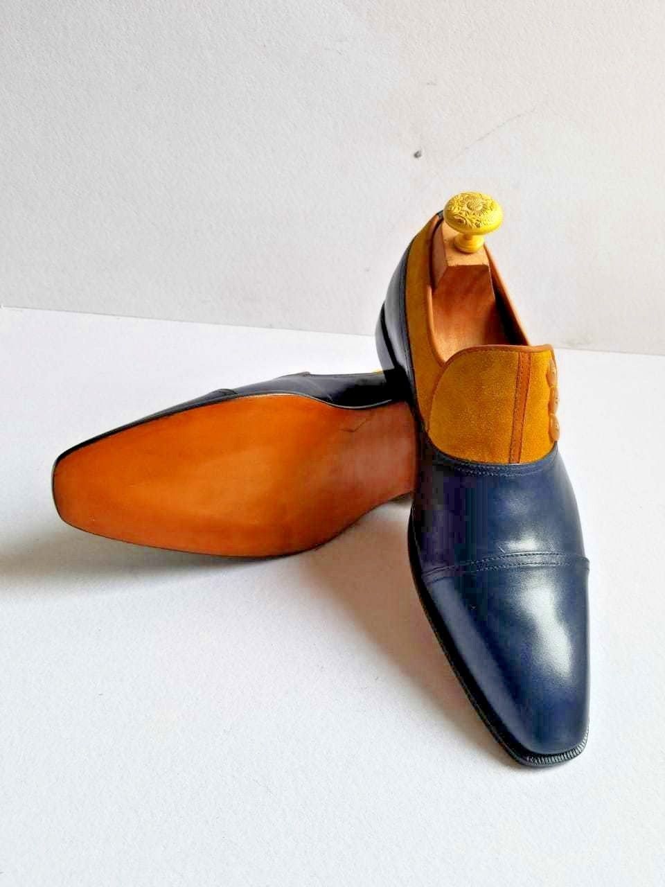 Handmade Men's Genuine Blue Leather & Camel Suede Button Toe Cap Slip On Shoes