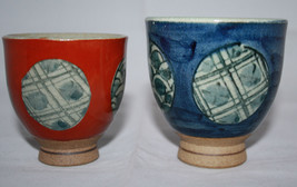 Set of 2 Japan Pair Japanese Blue Red Tea Cups  Meoto Yunomi Arita Stack... - $40.52