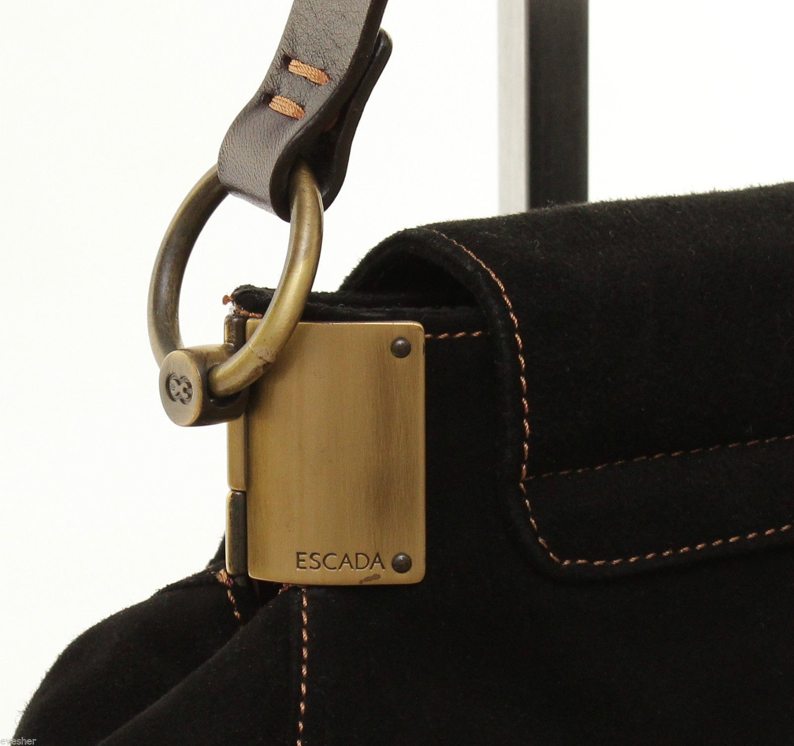 ESCADA Bag Black Suede Leather Brown Handbag Baguette Purse Gold HW - Women&#39;s Handbags & Bags