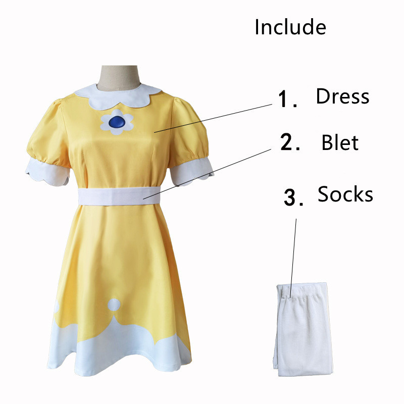 Princess Daisy Cosplay Costume Dress Yellow Woman Halloween Outfit