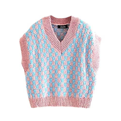 Vintage V Neck Plaid Knitting Sweater Female Sleeveless Casual Slim Vest Chic Le