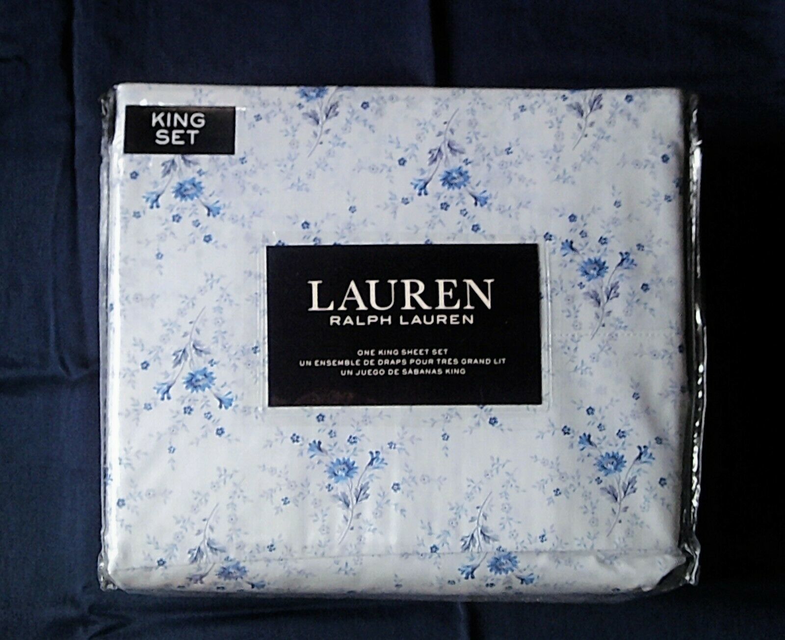 NIP Ralph Lauren King Sheet Set White Blue Floral Design 100 Cotton
