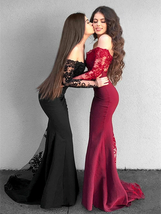 Elegant Black/Burgundy Mermaid Long Sleeves Lace Prom Dress Bridesmaid D... - $179.00