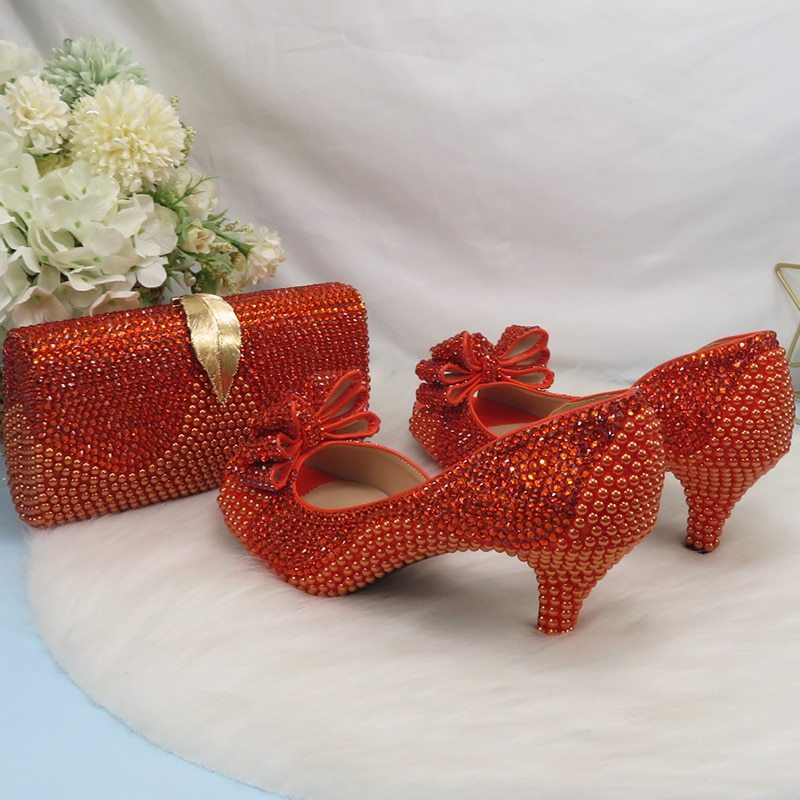 New arrival Orange Crystal Women wedding shoes with matching bags Peep toe High