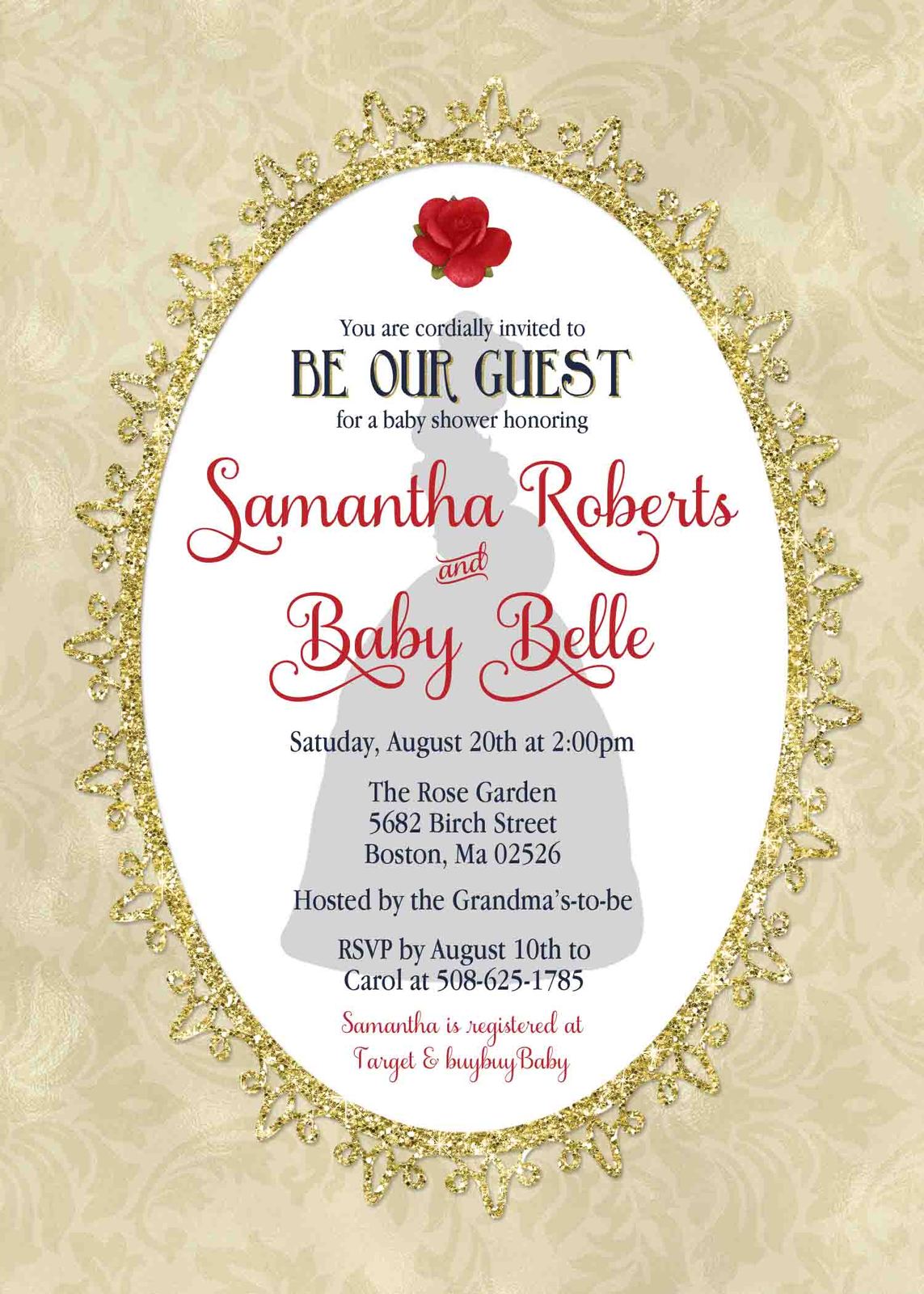 Beauty and the Beast Belle Baby Shower Invitation Set thank you diaper