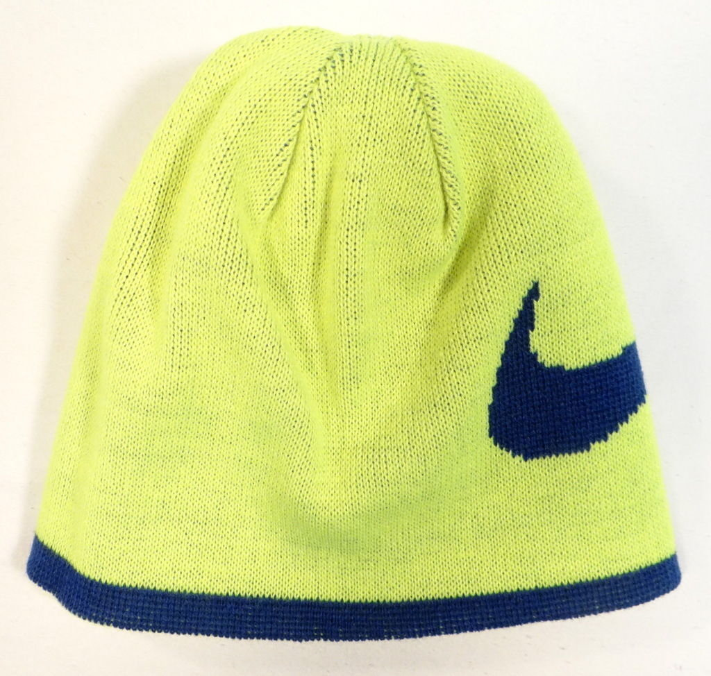Nike Swoosh Reversible Blue & Volt Knit Beanie Skull Cap Youth Boy's 8