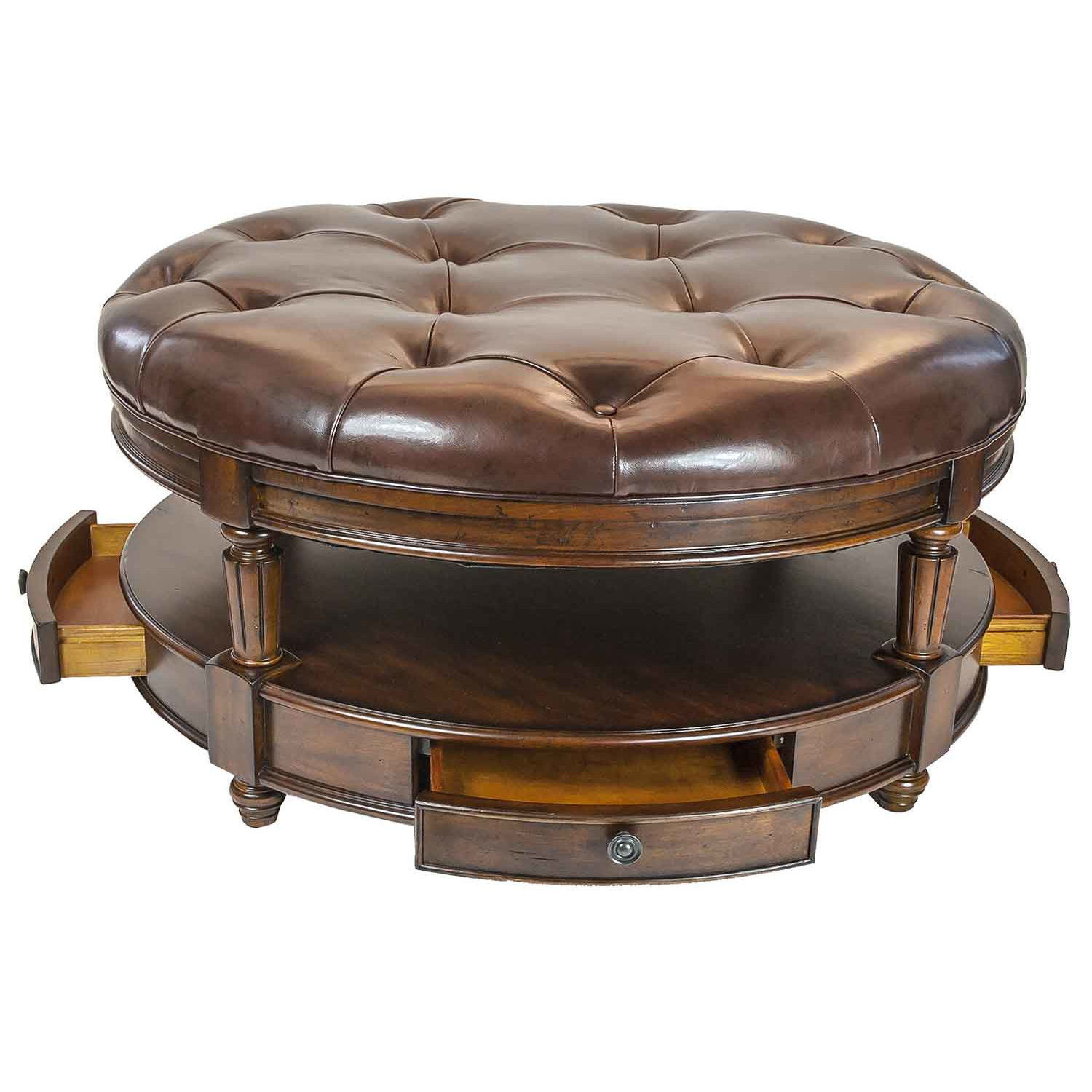 42''D Faux Leather Round Ottoman in Brown w/Storage Drawers Ottomans, Footstools & Poufs