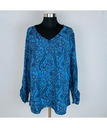 CJ Banks Blue Black Floral Paisley V Neck Top Ruched Sleeve Accents 1X - $28.70