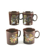Brown Coffee Cups w Gold Rim Trim SI Japan 4-pc Set Flowers Oriental Cart - $19.78