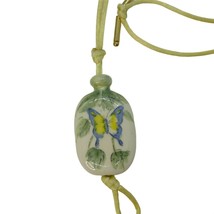 Vintage 70s Ceramic Butterfly Pendent Necklace Yellow Cord 17" Drop - $24.70