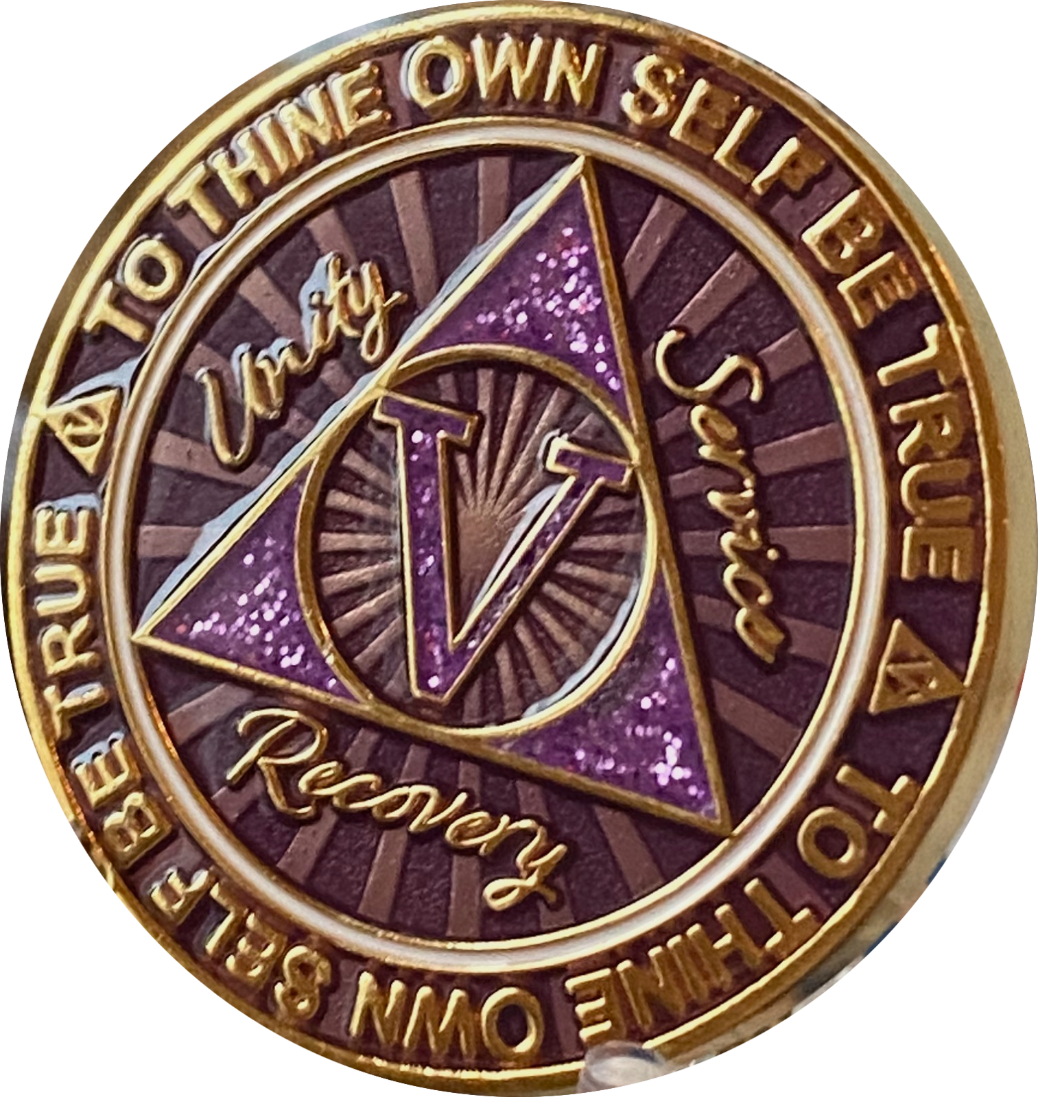 5 Year AA Medallion Cosmic Purple Glitter Alcoholics Anonymous Sobriety Chip